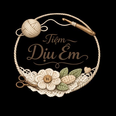 Tiệm Dịu Êm — hand-lettered logo with a ball of yarn and a crochet hook